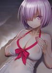  bare_shoulders blush breasts cleavage closed_mouth commentary_request covered_nipples dress eyebrows_visible_through_hair fate/grand_order fate_(series) fingernails hair_over_one_eye highres large_breasts looking_at_viewer lying mash_kyrielight minazuki_juuzou on_back purple_eyes purple_hair sand short_hair sleeveless sleeveless_dress smile solo white_dress 