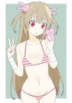  :o ass_visible_through_thighs bad_id bad_twitter_id bandaged_arm bandages bikini blonde_hair breasts bunny_hair_ornament cellphone collarbone cowboy_shot donguri_suzume eyebrows_visible_through_hair fingernails green_background groin hair_ornament hand_up highres holding holding_cellphone holding_phone long_hair nail_polish natori_sana navel parted_lips phone pink_bikini red_eyes red_nails sana_channel self_shot side-tie_bikini simple_background small_breasts smartphone solo striped striped_bikini swimsuit two_side_up very_long_hair w 