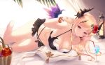  apple barefoot basket bikini blonde_hair breasts cait collarbone commentary cup dark_angel_olivia drinking_glass drinking_straw flower food fruit granblue_fantasy hair_flower hair_ornament highres horns lamp large_breasts long_hair looking_at_viewer lying navel red_eyes solo swimsuit wings 