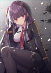  bangs black_gloves black_jacket black_legwear blunt_bangs blush breasts brown_hair closed_mouth collared_shirt commentary dutch_angle girls_frontline gloves grey_shirt hand_up highres izumo_neru jacket large_breasts long_hair long_sleeves looking_at_viewer necktie pantyhose red_eyes red_neckwear shirt sitting solo striped striped_shirt vertical-striped_shirt vertical_stripes wa2000_(girls_frontline) 