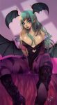  1girl animal_print bare_shoulders bat_print bat_wings bed blue_eyes boots breasts cameltoe cleavage green_hair head_wings hector_enrique_sevilla_lujan large_breasts long_hair morrigan_aensland pantyhose pointy_ears sitting smile solo vampire_(game) wings 