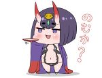  :d black_panties blush chibi commentary_request cup eyebrows_visible_through_hair fang fate/grand_order fate_(series) flat_chest headpiece highres horns japanese_clothes jitome kimono long_sleeves navel oni oni_horns open_clothes open_kimono open_mouth panties purple_eyes purple_hair purple_kimono rei_(rei_rr) sakazuki short_hair shuten_douji_(fate/grand_order) simple_background smile solo standing translated underwear white_background 