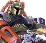  armor cable cannon commentary_request from_below green_helmet helmet male_focus robot robot_joints rockman rockman_x rockman_x8 shoulder_cannon simple_background solo upper_body vava weapon white_background yukinbo78 