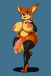  2019 anthro areola armwear balls big_balls big_breasts blue_background blue_eyes bobcat breasts bubsy bubsy_(series) claws clothing crossgender dickgirl digital_media_(artwork) ear_piercing eyelashes eyeshadow feline flaccid hi_res humanoid_penis intersex legwear lipstick looking_at_viewer makeup mammal nipple_piercing nipples on_one_leg penis piercing simple_background solo standing suirano thick_thighs toe_claws vein video_games 