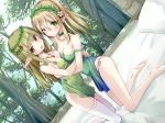  :o ;) ass barefoot bed bed_sheet bishoujo_elf_harem blue_sky blush breast_press breasts choker copyright_request covered_navel dutch_angle elf flower green_choker green_skirt hair_flower hair_ornament head_wreath highres indoors jewelry kneeling light_brown_hair long_hair looking_at_viewer medium_breasts multiple_girls necklace official_art on_bed one_eye_closed panties pillow pink_panties pointy_ears red_eyes side-tie_panties skirt skirt_lift sky smile symmetrical_docking tenrai thighhighs tree underwear white_legwear 