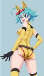  ass bare_shoulders belt blue_eyes blue_hair blush breasts commentary elbow_gloves from_behind gloves gundam gundam_build_divers headgear leotard looking_at_viewer looking_back medium_breasts nami_(gundam_build_divers) nanase_nanami_(gundam_build_divers) ontaros shiny shiny_hair shiny_skin short_hair simple_background smile solo standing thighhighs yellow_gloves yellow_legwear yellow_leotard 