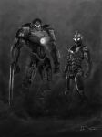  crossover dark eatalllot formal giant gipsy_danger glowing greyscale highres mask mecha mechanical_arms monochrome no_humans pacific_rim science_fiction size_difference smoke suit super_robot sword ultra_series ultraman ultraman_(1st_series) visor weapon 