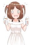  1girl blank_eyes blush bra_strap brown_hair commentary_request dress flying_sweatdrops highres ice_cream_cone looking_at_viewer open_mouth original simple_background solo standing tears two_side_up white_background white_dress yuki_arare 