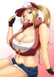  bare_arms bare_shoulders baseball_cap black_gloves blonde_hair blue_eyes blue_shorts breasts cleavage clothes_writing collarbone collared_jacket commentary_request covered_nipples crop_top cropped_jacket cutoffs denim denim_shorts fatal_fury fingerless_gloves fingernails genderswap genderswap_(mtf) gloves gradient gradient_background half-closed_eye hand_up hat high_ponytail index_finger_raised jacket large_breasts lips lipstick long_fingernails long_hair makeup micro_shorts midriff nail_polish navel no_bra one_eye_closed open_clothes open_fly open_jacket open_mouth open_shorts pink_lipstick pink_nails puffy_lips red_background red_hat red_jacket shiny shiny_hair shirt shorts signature sitting sleeveless_jacket snk_heroines:_tag_team_frenzy solo tank_top taut_clothes taut_shirt terry_bogard the_king_of_fighters thighs toguchi_masaya toned unbuttoned underboob underwear unzipped white_tank_top wing_collar 