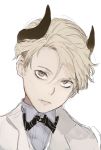  black_neckwear blonde_hair bow bowtie closed_mouth grey_eyes head_tilt highres hiranko horns jacket looking_at_viewer male_focus original protected_link shirt simple_background solo upper_body white_background white_jacket white_shirt 