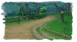  bush commentary_request fence grass nanabuluku no_humans original outdoors path road scenery tree wooden_fence 