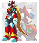  android blonde_hair blue_eyes character_name clenched_hand commentary_request full_body gloves helmet long_hair male_focus ponytail power_armor rockman rockman_x solo standing white_gloves yuusuke_(5yusuke3) zero_(rockman) zoom_layer 
