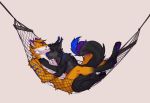  2018 5_fingers anthro black_fur black_nose blue_nose canine cuddling digital_media_(artwork) dog duo eyes_closed fur hammock lukiri male mammal simple_background smile 