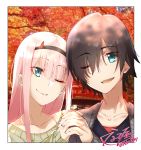  1girl bangs black_hair black_hairband black_shirt blue_eyes commentary_request couple darling_in_the_franxx eyebrows_visible_through_hair eyes_visible_through_hair flower green_eyes green_shirt hair_ornament hair_over_one_eye hairband hetero highres hiro_(darling_in_the_franxx) holding_hands horns interlocked_fingers long_hair long_sleeves looking_at_another looking_at_viewer nakoya_(nane_cat) one_eye_closed oni_horns open_mouth pink_hair red_horns shirt signature tree zero_two_(darling_in_the_franxx) 