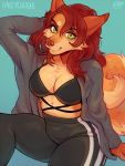  2018 anthro bra breasts brown_nose canine clothed clothing digital_media_(artwork) dog female hair kaitycuddle looking_at_viewer mammal red_hair simple_background smile solo tallulah_(tantrum) underwear yellow_eyes 
