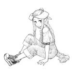  backwards_hat bare_shoulders baseball_cap blush braid closed_mouth commentary_request from_side greyscale hair_ribbon hat horned_girl_(jaco) horns jaco long_hair looking_at_viewer looking_to_the_side monochrome original ribbon shoes short_sleeves shorts simple_background single_braid smile sneakers solo tress_ribbon very_long_hair white_background 