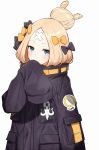  abigail_williams_(fate/grand_order) bandaid_on_forehead bangs black_bow black_coat blonde_hair blue_eyes blush bow coat commentary_request covered_mouth crossed_bandaids fate/grand_order fate_(series) hair_bow hair_bun hand_up heroic_spirit_traveling_outfit highres long_sleeves looking_at_viewer miruto_netsuki orange_bow parted_bangs polka_dot polka_dot_bow simple_background sleeves_past_fingers sleeves_past_wrists solo standing upper_body white_background 
