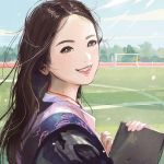  bayashiko blue_sky blush brown_eyes brown_hair clipboard cloud commentary_request day forehead from_side holding light_rays long_hair looking_at_viewer looking_to_the_side mole mole_on_neck original outdoors pink_lips sky smile soccer_field solo wind 