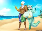 2017 abs absurd_res anthro areola avian balls beach beak big_balls big_breasts bikini blue_eyes breasts brown_feathers bulge canine claws clothed clothing cloud detailed_background duo emerald_mist eyewear feathered_wings feathers female fox green_eyes gryphon hair hi_res huge_balls huge_breasts hyper hyper_breasts hyper_bulge long_hair male mammal mleonheart multicolored_hair open_mouth outside palm_tree sand seaside sky smaller_version_at_source space_fox squeaks sunglasses swimsuit toe_claws tongue topless tree two-piece two_tone_hair water white_feathers wings 