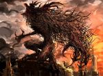  antlers blood blood_in_mouth bloodborne cityscape claws cleric_beast cloud cloudy_sky fangs fur highres howling kan_(aaaaari35) monster no_humans on_roof sky twilight 