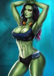  absurdres armpits arms_up artist_name between_breasts black_hair blue_background breasts cassette_player cleavage closed_mouth collarbone covered_nipples dandon_fuga eyeshadow gamora gradient_hair green_lips green_skin guardians_of_the_galaxy headphones headphones_around_neck highres large_breasts legs_apart lips long_hair looking_at_viewer makeup marvel midriff multicolored_hair navel nose paid_reward patreon_reward pink_hair short_shorts shorts solo sports_bra standing stomach toned walkman yellow_eyes 