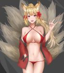  :d animal_ears bikini blonde_hair breasts fang flower fox_ears fox_tail gaitoou grey_background groin hair_flower hair_ornament hand_in_pocket hand_up highres kayou_(sennen_sensou_aigis) large_breasts looking_at_viewer mole mole_on_breast nail_polish navel open_mouth ponytail purple_eyes red_bikini red_nails sennen_sensou_aigis simple_background smile solo standing swimsuit tail 