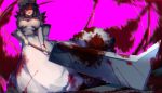  apron blood blood_on_face bloody_clothes bloody_weapon blurry breasts cleaver depth_of_field dress foreshortening glowing glowing_eyes hat hataraku_saibou highres long_sleeves macrophage_(hataraku_saibou) marie_mushroom medium_breasts mob_cap open_mouth purple_background red_eyes solo standing weapon 