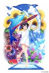  :d arms_up bangs bare_legs barefoot black_hair blue_eyes blue_sky blush cloud commentary_request copyright_request dolphin dress eyebrows_visible_through_hair fan fireworks flower headphones highres holding holding_pen jenevan leg_up looking_at_viewer official_art open_mouth oversized_object paper_airplane paper_fan pen shaved_ice short_hair short_sleeves simple_background sky smile solo standing standing_on_one_leg sunflower tablet uchiwa water_drop watermark watermelon_seeds white_background white_dress wind_chime 