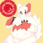  2017 anthro barely_visible_genitalia belly blush claws digital_media_(artwork) english_text fur hi_res kemono_fluffy male mammal markings multicolored_fur navel nintendo nipples nude overweight overweight_male penis penis_base pok&eacute;mon pok&eacute;mon_(species) red_fur sitting solo subtle_penis text two_tone_fur video_games white_fur zangoose zangoose_day 