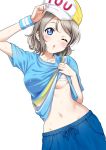  1girl breasts hat love_live! love_live!_sunshine!! md5_mismatch one_eye_closed rozen5 solo sweatdrop underboob watanabe_you white_background 