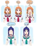  :d ^_^ ^o^ ahoge bangs blue_hair blush bow closed_eyes closed_mouth commentary eyebrows_visible_through_hair green_neckwear grin hair_bow hair_ornament hairclip hands_up heart high_ponytail kurokawa_makoto long_hair looking_at_viewer love_live! love_live!_sunshine!! matsuura_kanan medium_hair multiple_girls multiple_views neckerchief open_mouth orange_hair parted_bangs pink_eyes purple_eyes red_neckwear school_uniform serafuku shiny shiny_hair short_sleeves sidelocks simple_background smile speech_bubble spoken_heart standing symbol_commentary takami_chika talking tareme tie_clip translated upper_body uranohoshi_school_uniform white_background yellow_bow 