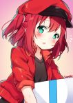  artist_name black_shirt blush box cabbie_hat cosplay flying_sweatdrops gradient gradient_background green_eyes hair_between_eyes hat hataraku_saibou hey_xander highres holding holding_box jacket kurosawa_ruby love_live! love_live!_sunshine!! open_clothes open_jacket open_mouth red_blood_cell_(hataraku_saibou) red_blood_cell_(hataraku_saibou)_(cosplay) red_hair red_hat red_jacket shirt signature solo two_side_up upper_body 