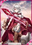  akkijin armor boots breasts cape card_(medium) cloud cloudy_sky dawn holding holding_sword holding_weapon injury knight looking_at_viewer medium_breasts official_art outdoors red_cape red_eyes shinkai_no_valkyrie short_hair silver_hair sky sword weapon 