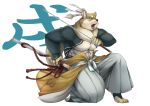  abs anthro blue_eyes canine claws clothing digital_media_(artwork) dog fangs fluffy fur japanese_text kikunoya kneeling male mammal melee_weapon open_mouth shiba_inu solo sword tan_fur text tongue translation_request weapon 
