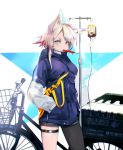  absurdres animal_ears bicycle bicycle_basket blue_eyes commentary_request facial_mark grey_legwear ground_vehicle hands_in_pockets highres hood hood_down intravenous_drip kumonji_aruto legband looking_at_viewer mouth_hold original pink_hair purple_hoodie short_hair single_pantyhose solo standing 
