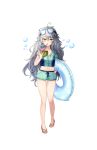  absurdres ahoge bubble coconut duino flower g11_(girls_frontline) girls_frontline goggles goggles_on_head highres long_hair looking_at_viewer messy_hair sandals short_shorts shorts snorkel 