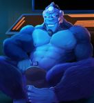  anthro ape balls body_hair bulge chest_hair clothed clothing digital_media_(artwork) frostbiteposters fur gorilla hair hairy hi_res looking_at_viewer male mammal muscular nipples overwatch primate seductive smile solo underwear video_games winston_(overwatch) 