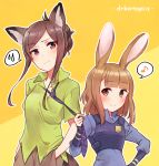  animal_ears beatrice_(princess_principal) blue_shirt blush breasts brown_eyes brown_hair closed_mouth collared_shirt cosplay dorothy_(princess_principal) eighth_note green_shirt hand_in_pocket hand_on_hip head_tilt highres judy_hopps judy_hopps_(cosplay) kemonomimi_mode long_hair long_sleeves multiple_girls musical_note necktie necktie_grab neckwear_grab nick_wilde nick_wilde_(cosplay) orange_background police police_badge police_uniform policewoman princess_principal purple_eyes purple_neckwear shirt short_sleeves sleeves_past_wrists small_breasts smile sorimachi-doufu spoken_musical_note spoken_sweatdrop sweat sweatdrop uniform zootopia 