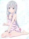  barefoot between_legs blue_eyes bow breasts cleavage collarbone eromanga_sensei eyebrows_visible_through_hair full_body hair_bow hand_between_legs highres izumi_sagiri long_hair looking_at_viewer low-tied_long_hair naked_shirt parted_lips pink_bow pink_shirt pink_x polka_dot polka_dot_shirt shiny shiny_hair shiny_skin shirt silver_hair sitting sleeveless sleeveless_shirt small_breasts solo very_long_hair wariza white_background white_polka_dots 