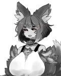  alternate_hair_length alternate_hairstyle animal_ear_fluff animal_ears bangs bare_shoulders black_bra black_sclera blush bra bra_strap breasts commentary_request detached_collar heavy_breathing hellhound highres huge_breasts latenight looking_at_viewer monster_girl monster_girl_encyclopedia open_mouth paws red_eyes short_hair simple_background skull solo spot_color sweat tail underwear upper_body white_background wolf_ears wolf_tail 