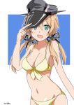  anchor_hair_ornament bikini blonde_hair blush breasts commentary_request eyebrows_visible_through_hair green_eyes hair_between_eyes hair_ornament hat hinase_(jet_hearts) kantai_collection large_breasts looking_at_viewer military military_hat open_mouth peaked_cap prinz_eugen_(kantai_collection) solo swimsuit twintails twitter_username yellow_bikini 