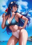  1girl absurdres arm_strap armpits artist_name bare_legs bikini blue_eyes blue_hair breasts cleavage closed_mouth clouds cowboy_shot cutout dandon_fuga fire_emblem fire_emblem:_kakusei floating_hair flower food groin hair_between_eyes hair_flower hair_ornament hand_on_hip highres holding ice_cream legs legs_apart lips long_hair looking_to_the_side lucina medium_breasts navel ocean one-piece_swimsuit outdoors pinup popsicle red_lips sky smile solo standing swimsuit thighs tiara water watermelon_bar 