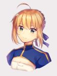  ahoge artoria_pendragon_(all) blonde_hair blue_dress blue_ribbon braid breasts cleavage closed_mouth commentary_request dress eyebrows_visible_through_hair fate/stay_night fate_(series) green_eyes grey_background hair_ribbon highres ichiren_namiro looking_at_viewer ribbon saber shirt short_hair signature simple_background small_breasts smile solo upper_body white_shirt 