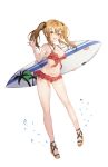  absurdres bikini blush breasts brown_hair cleavage duino frills full_body girls_frontline hair_ornament hairclip highres long_hair scar scar_across_eye simple_background smile solo surfboard swimsuit twintails ump9_(girls_frontline) water_drop waving white_background 