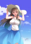  :d adjusting_clothes adjusting_hat artist_name blue_skirt blue_sky breasts brown_eyes brown_hair c.r. cloud day hands_up hat highres large_breasts long_hair looking_at_viewer onee-san_(penguin_highway) open_mouth penguin_highway shirt skirt sky smile solo standing sun_hat very_long_hair white_hair white_shirt 