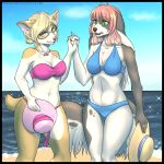  anthro bikini canine clothed clothing duo excitedcargoyle female hair hand_holding hat hi_res looking_at_viewer mammal open_mouth smile standing swimsuit water wide_hips 