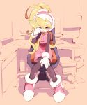  bangs blonde_hair chair ciel_(rockman) closed_eyes commentary_request desk full_body gloves hair_between_eyes hand_on_own_knee headgear helmet high_ponytail knees_together_feet_apart kon_(kin219) long_hair monochrome_background office_chair open_mouth pantyhose pink_skirt ponytail rockman rockman_zero rubbing_eyes sitting skirt sleepy solo white_gloves 