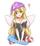  :d ? absurdres akiteru98 american_flag_legwear bare_shoulders black_shirt blonde_hair clothes_writing clownpiece commentary_request cosplay eyebrows_visible_through_hair fairy_wings hair_between_eyes hat hecatia_lapislazuli hecatia_lapislazuli_(cosplay) highres indian_style jester_cap long_hair looking_at_viewer off_shoulder open_mouth pantyhose red_eyes shirt simple_background sitting smile solo touhou white_background wings 