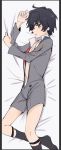  bangs bed_sheet black_hair black_legwear blue_eyes blush briefs bulge chest chest_scar commentary darling_in_the_franxx eyebrows_visible_through_hair eyes_visible_through_hair grey_shirt grey_shorts hair_over_one_eye highres hiro_(darling_in_the_franxx) k_016002 long_sleeves lying male_focus male_underwear military military_uniform navel necktie no_shoes on_side open_clothes open_shirt open_shorts protected_link red_neckwear scar shirt shorts socks solo stomach underwear uniform white_briefs 