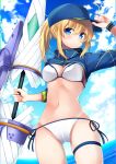  ahoge arm_up artoria_pendragon_(all) bad_id bad_pixiv_id baseball_cap bikini blonde_hair blue_eyes blue_hat blue_sky blurry blurry_background blush breasts cameltoe closed_mouth cloud cloudy_sky day depth_of_field fate/grand_order fate_(series) hair_between_eyes hair_through_headwear hand_on_headwear hat highres holding holding_lance horizon lance leg_garter long_hair long_sleeves looking_at_viewer medium_breasts mysterious_heroine_xx_(foreigner) navel ocean outdoors polearm ponytail sasahara_wakaba short_hair shrug_(clothing) side-tie_bikini sidelocks sky solo standing swimsuit twinmyniad water weapon white_bikini wristband 